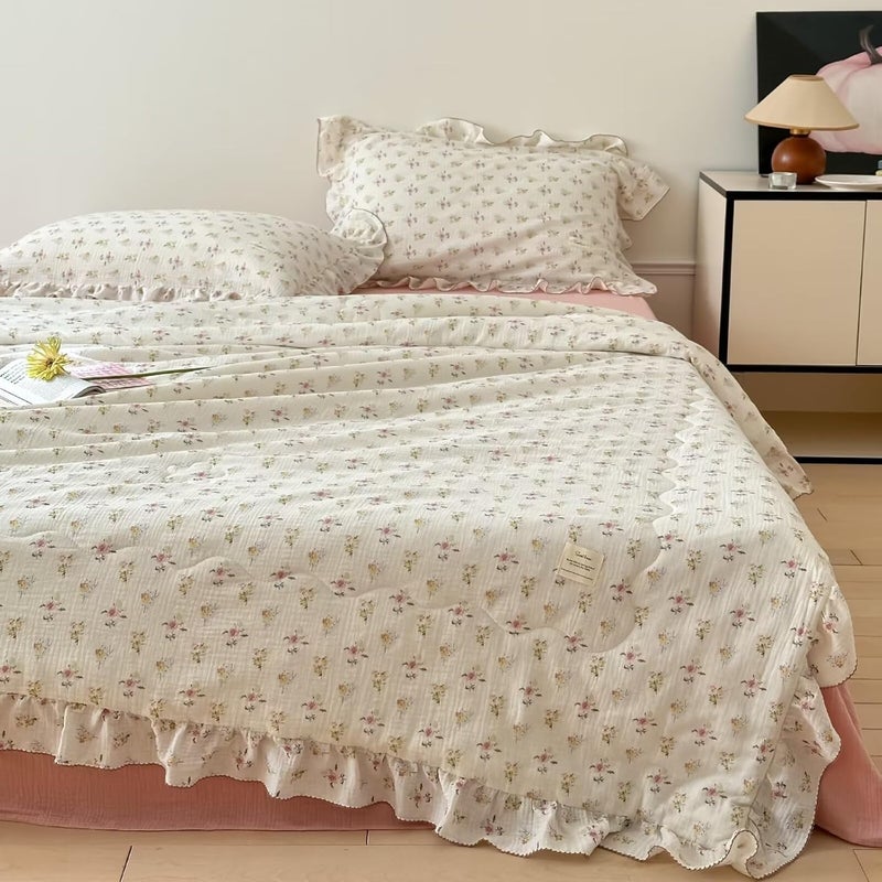 BuLuTu Muslin Kids Comforter with Ruffles 59"x79", Shabby Chic Azalea Floral Print on Beige Quilted Blanket, Double-Layer Gauze Cotton Children Bed Blanket, Bedspread Coverlet, Lightweight Breathable - Image 1
